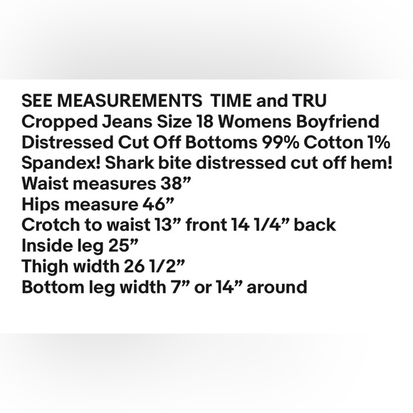 TIME and TRU Cropped Jeans Size 18 Womens Boyfriend Distressed Cut Off Bottoms - Picture 8 of 8